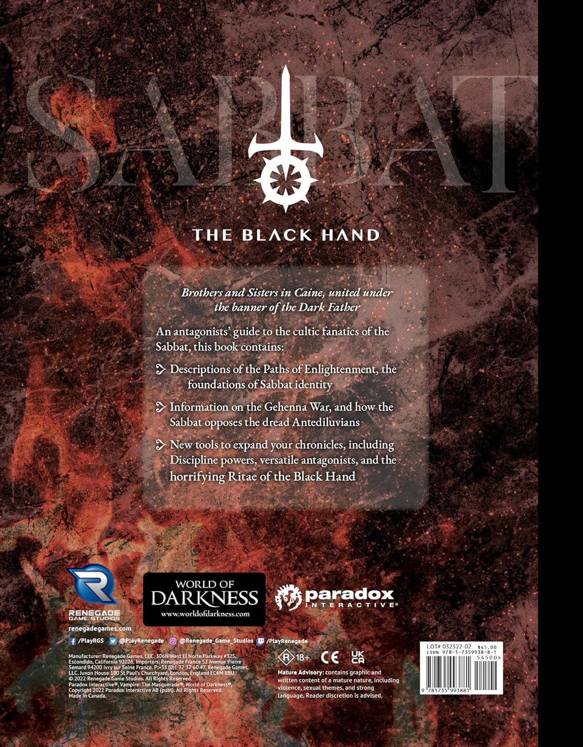 Vampire The Masquerade RPG: 5th Edition Sabbat: The Black Hand | Role Playing Game