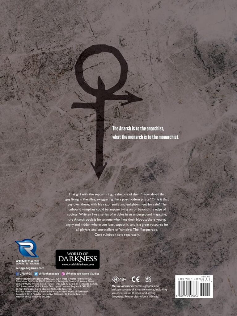 Vampire The Masquerade RPG: 5th Edition Anarch Sourcebook | Role Playing Game